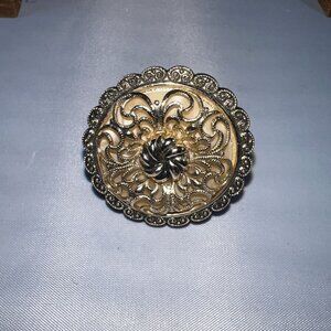 Vintage Western Style Silver & Gold Floral Engraved Scarf Clasp Scalloped Edge I
